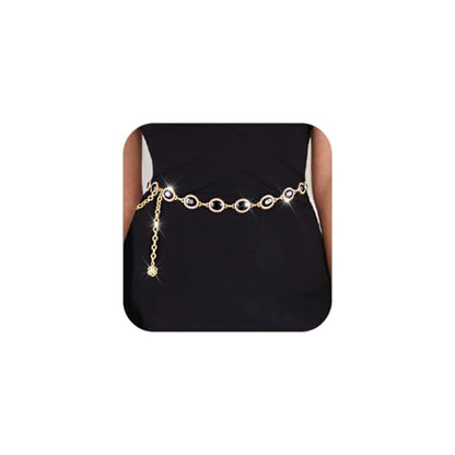 Red Rhinestone waist chain for Women Western Belt Golden Jewelry Chain - color: Black
