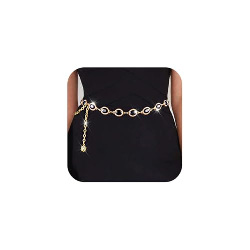 Red Rhinestone waist chain for Women Western Belt Golden Jewelry Chain - color: Black