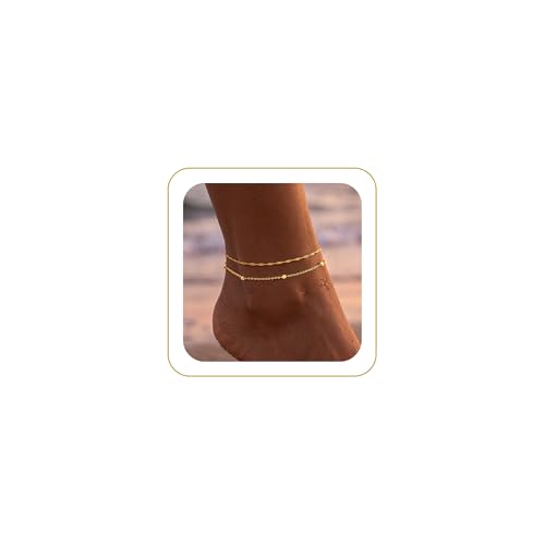 Robaice Ankle Bracelets for Women, 14K Gold Plated/Silver Layered Anklets | Waterproof Adjustable Anklet for Women, Summer Beach Anklet, Glitter Jewelry for Women Gifts - color: Gold-6