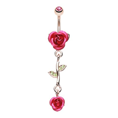 Pierced Owl - CZ Crystal Leaves and Vine Rose Flower Dangle Belly Button Navel Ring - style: Fuchsia