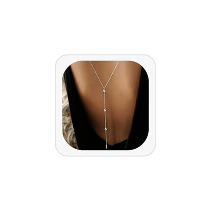 Dainty Crystal Back Chain for Women Sparkly Rhinestone Long Back Necklace for Backless Dress Summer Party Body Jewelry - color: Silver A