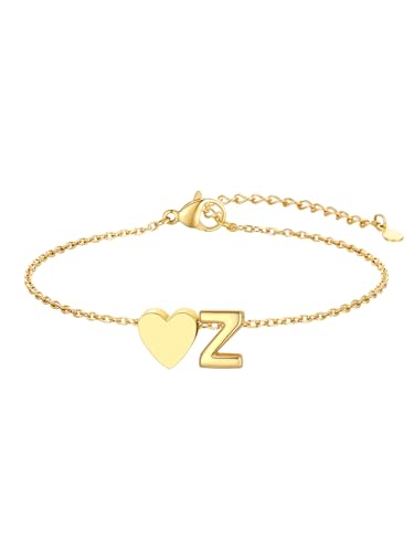 KeyStyle Initial Heart Bracelet for Women Waterproof Stainless Steel Chain | 14K Gold Plated /Silver A-Z Letter Adjustable Charm Bracelet, Hypoallergenic Non Tarnish Dainty Gift for Everyday Wear - color: 14K Gold Plated-Z