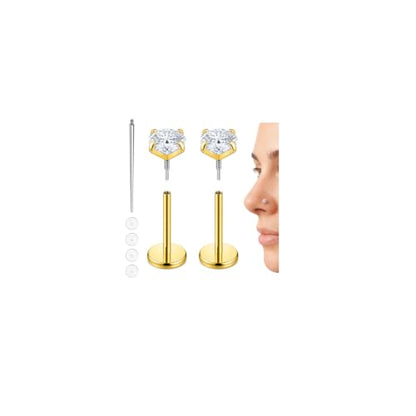 Hypoallergenic Nose Studs Flat Back Screw Ear Studs 18K Gold Plated 316 Stainless Steel, CZ Studs for Nose, Ear, Lip, Vertical Labret Piercing Jewelry, 2-5mm CZ 6-8mm Post with 1 Taper,4 Silicone Pads - color: Gold, size: 4mm