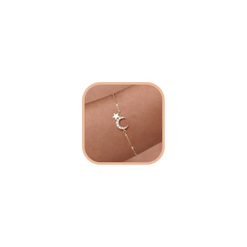 SUYACS 925 Sterling Silver Star Moon Bracelets for Women Mom | Dainty 14K Gold Plated Crescent CZ Link Bracelet Lucky Friendship Charm Chain Jewelry Birthday Gifts for Daughter Friends - color: Gold