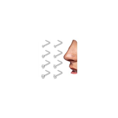 PLOMFOV 8PCS Titanium Nose Rings Studs 20G/18G Corkscrew Nose Ring L Shaped Nose Studs 6A Diamond CZ Silver&Gold Hypoallergenic Nose Piercing Jewelry for Women Men 1.5mm 2mm 2.5mm 3mm - color: Silver, size: 20G-L Shaped