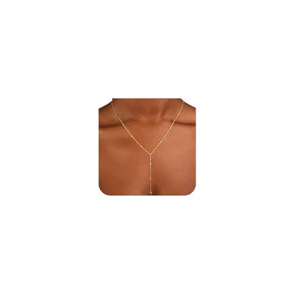 CAROVO Gold Necklace for Women Dainty Long Necklace 14K Gold/Silver Lariat Y-Shaped Pendant Necklaces Trendy Layered Lip Cubic Zirconia Beaded Chain Drop Necklaces Jewelry for Women Gifts - color: Gold, style: A: Gold Y Necklace Bead-258