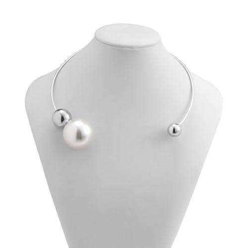 14K Gold Plated Large Pearl Open Necklace for Women | Simple Statement Pearl Open Geometric Bead Choker Necklace Modern Party Anniversary Club Jewelry Gifts - color: Silver