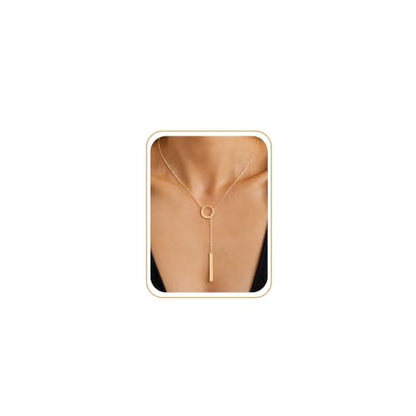 CHESKY Lariat Gold Necklace for Women, Dainty Long Necklace 14k Gold Plated Y-Shaped Pendant Necklace Trendy Layered CZ Beaded Chain Drop Necklaces Simple Gold Jewelry for Women Gifts - color: Circle