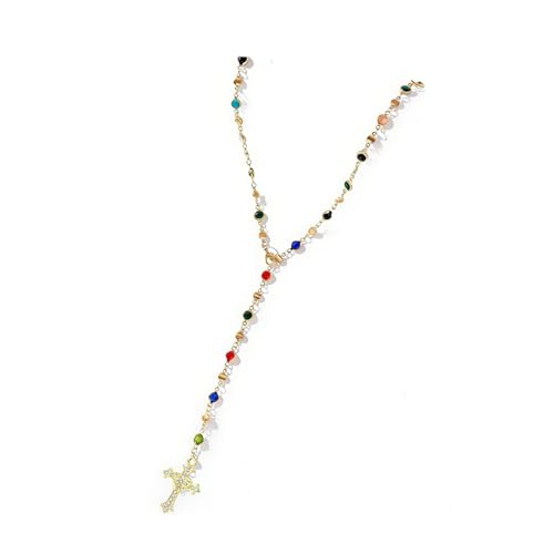 Colorful Crystal Long Necklace for Women Dainty Boho Y-Shaped Color Bead Necklaces Sparkly Rhinestone Pendant Layered Gold Long Chain Choker Good Luck Trend Jewelry Gift Jewelry - color: Cross Gold