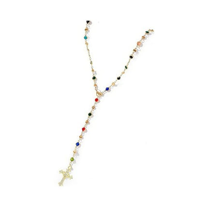Colorful Crystal Long Necklace for Women Dainty Boho Y-Shaped Color Bead Necklaces Sparkly Rhinestone Pendant Layered Gold Long Chain Choker Good Luck Trend Jewelry Gift Jewelry - color: Cross Gold