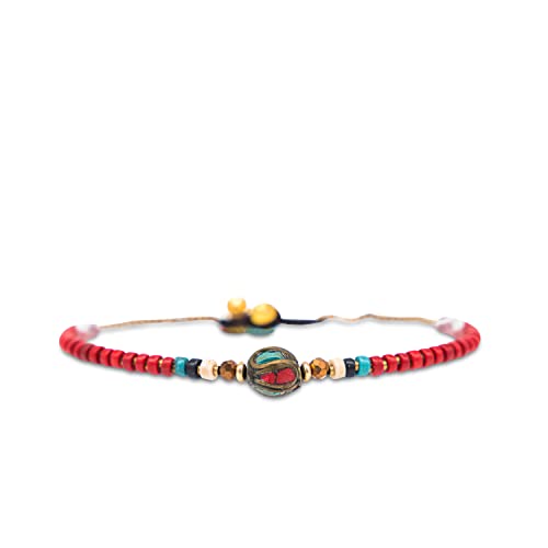 Made by Nami Boho Surfer Anklet Waterproof & Adjustable Beaded Anklets for Women Beachy Ankle Bracelet Made from Waxed Cotton Rope and Beads for Summer and Hippie Style - color: Red