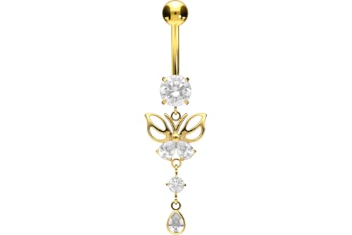 PIERCINGLINE titanium belly button piercing with internal thread, crystal butterfly - belly button ring gold, silver, rosegold piercing - color: Gold-colored