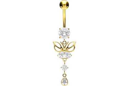 PIERCINGLINE titanium belly button piercing with internal thread, crystal butterfly - belly button ring gold, silver, rosegold piercing - color: Gold-colored