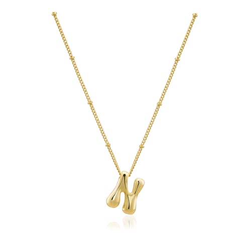 Bheop Initial Necklace for Women, Gold Silver A-Z Bubble Letter Necklace | Chunky Personalized Monogram Name Pendant, Cute Balloon Charm, Dainty Beaded Chain, Trendy Jewelry Gifts, Non Tarnish - color: Gold, style: N