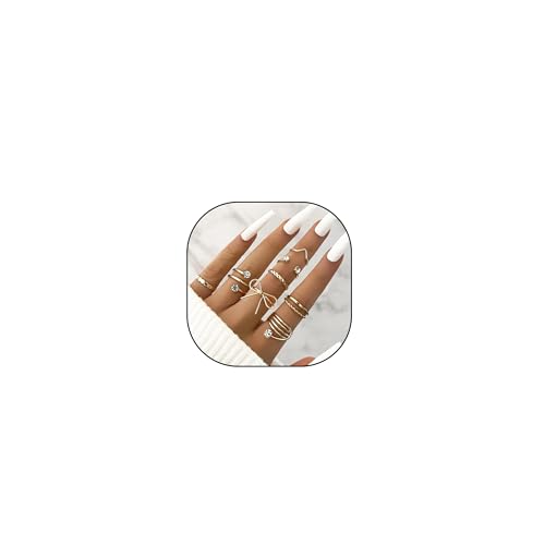 HUASAI Gold Stackable Rings Set for Women Boho Dainty Moon Star Pearl Leaf Cubic Zirconia Heart Midi Pinky Trendy Jewelry Birthday Gifts - color: Z16 Gold Bow Rings 8 Pcs