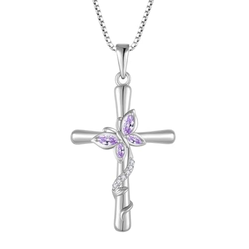 Cross Necklace for Women 925 Sterling Silver Butterfly Necklace Birthstone Pendant Created Gemstone Jewelry Gifts for Women - color: 06 June - Alexandrite