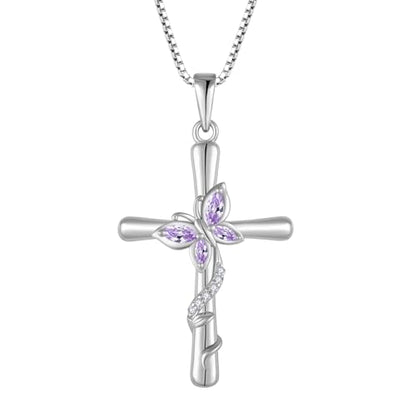 Cross Necklace for Women 925 Sterling Silver Butterfly Necklace Birthstone Pendant Created Gemstone Jewelry Gifts for Women - color: 06 June - Alexandrite