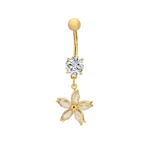 14G Crystal Flower Dangle Belly Button Ring for Women Stainless Steel Rhinestone Fashion Statement Lucky Floral Dangling Charm Curved Barbell Navel Rings Simple Sexy Summer Beach Body Piercing Jewelry - color: Gold-tone