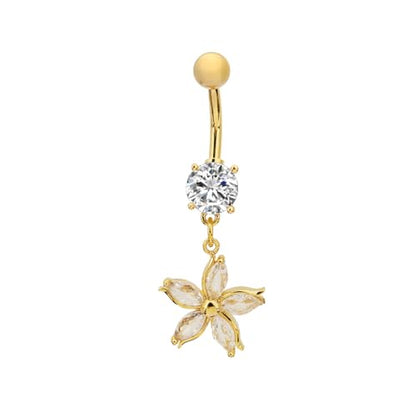 14G Crystal Flower Dangle Belly Button Ring for Women Stainless Steel Rhinestone Fashion Statement Lucky Floral Dangling Charm Curved Barbell Navel Rings Simple Sexy Summer Beach Body Piercing Jewelry - color: Gold-tone