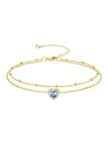 Richsteel Double Layer Heart/Butterfly Birthstone Anklet for Women | Non Tarnish Waterproof, Silver/Gold/Black Stainless Steel 8.5-10.5 Inch Adjustable Chain Anklets Summer Beach Foot Jewelry - color: Gold Heart-03 Mar.(Aquamarine)