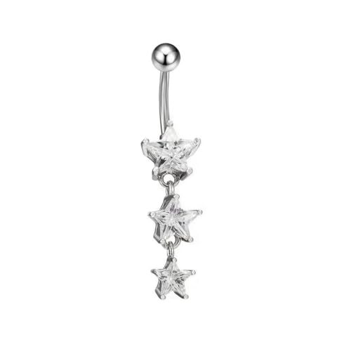 14G Surgical Steel Star Dangle Belly Button Rings for Women Sparkling Cubic Zirconia Crystal Star Belly Navel Curved Barbell Ring Navel Piercing Jewelry - color: Silver