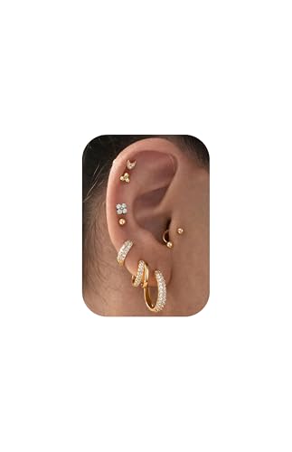 Nunpag 9 Pairs Hypoallergenic 14K Gold Plated Flat Back Earrings for Women Studs Earring Opal Ball Triangular Sun CZ Stones Hoop Earrings Stainless Steel Jewelry Gift for Sensitive Ears - color: 8Pcs-Gold
