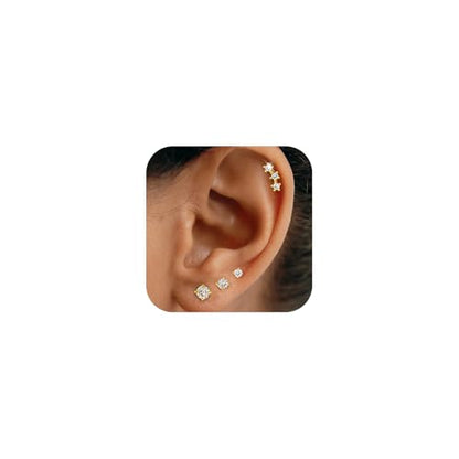Stud Earring for Women, 14K Gold Silver Plated Hypoallergenic Studs Set | Trendy Cartilage Tragus Helix Clover Flower Earring Stack for Multiple Piercing, Dainty Cute Small Jewelry Gift, Non Tarnish - style: GD-CZ/Climbers-4 Pairs