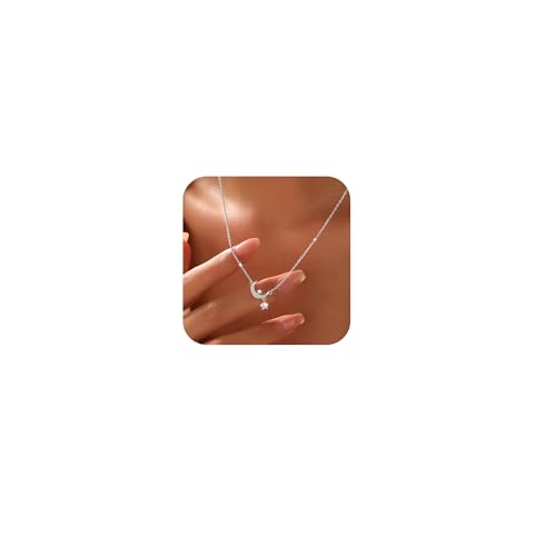 925 Sterling Silver Dainty Moon Star Necklaces for Women Daughter Mom | Moon Pendant Necklaces Trendy Non Tarnish 14K Gold Plated Cute Star CZ Charm Chain Jewish Birthday Wedding Gifts Jewelry - color: Silver