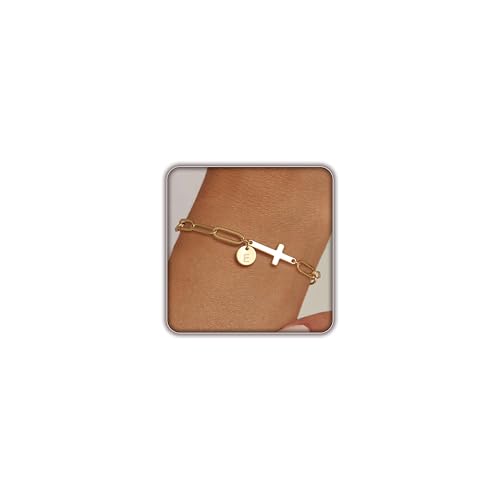 Gold Bracelets for Women,14K Gold-Plated Dainty A-Z Letter Cross Initial Bracelet for Women, Hypoallergenic Paperclip Chain Bracelets Fashion Accessories Religious Christian Gift - color: E