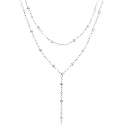 Lariat Gold Necklaces for Women Trendy Dainty Long Necklace 14k Gold Plated/Silver Layered Drop Beaded Chain Necklaces Y-shaped Pendant Necklace Simple Gold Jewelry Gifts - color: Beaded-Silver