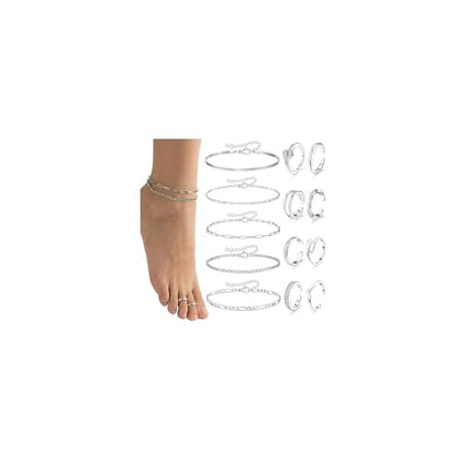 CASDAN 13Pcs Silver/Golden Toe Rings and Ankle Bracelets for Women | Layered Anklets Chain,Adjustable Open Tail Toe Ring,Waterproof Cuban Link Chain Anklets Set,Beach Foot Jewelry for Summer - color: Silver,B