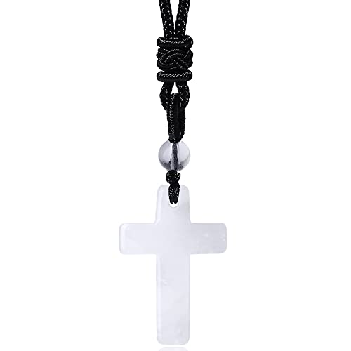 QINJIEJIE Cross Crystal Necklace Adjustable Black Rope Natural Gemstone Quartz Stone Necklaces for Men Women Father's Day Gift - color: White - Clear Crystal