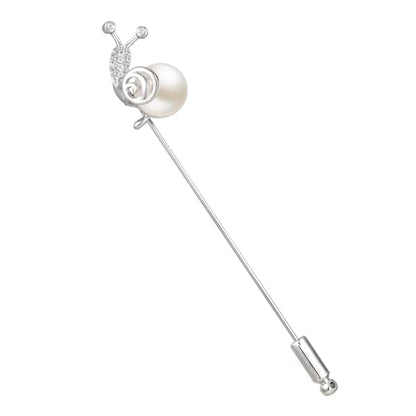 SHE'S FREE STYLE JUST FOR YOU Snail Brooches and pins for women, Sparkling Cubic Zirconia & Pearl Copper Pin, 2.36" Long Clasp Design Playful Jewelry Brooch - color: Silver