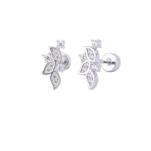Crystal Leaf Cartilage Tiny Stud Earrings Stainless Steel Cubic Zirconia Leaves Flower Screw Flat Back Tragus Helix Studs Earring for Women Girls Men Dainty Jewelry Gifts 18G - color: Silver