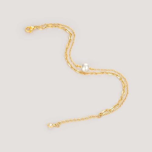 MEVECCO Dainty Chain Bracelets for Women, Layered and Charm Styles | 14K Gold Plated Brass, Select Cubic Zirconia Accents, Single and Multi-Row Structures for Refined Everyday Wristwear - style: 2 Layer 1 Pearl Lace Chain