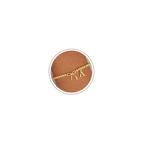 M MOOHAM Bow Initial Bracelets for Women Girls, Letter A-Z Beaded Bracelet | 14K Gold Plated, Bow Bracelets for Girls, Gold Bracelet, Beaded Initial Bracelet, Birthday Gift for Teen Girl Jewelry - color: A
