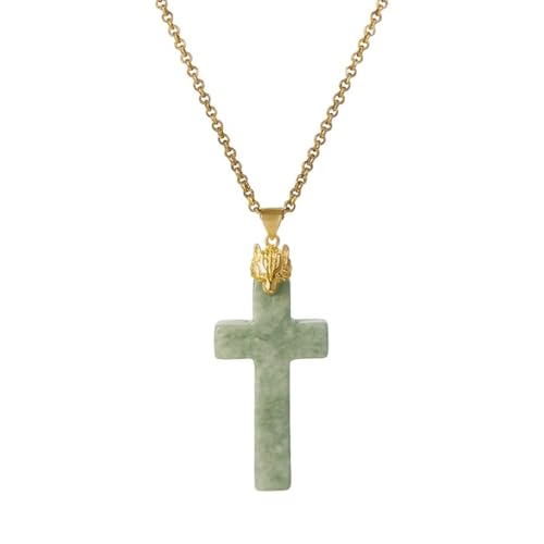 Jade Cross Pendant Necklace, Designed in California, Green Jade Stone with 18K Gold Plated Fox Bail, Religious Amulet Jewelry Gift for Men and Women