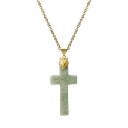 Jade Cross Pendant Necklace, Designed in California, Green Jade Stone with 18K Gold Plated Fox Bail, Religious Amulet Jewelry Gift for Men and Women