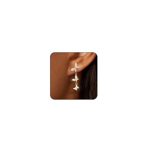 Lunvky 14K Gold Plated Dangle Earrings for Women Dainty Silver Drop Earring Trendy Long Dangling Wedding Bridesmaid Hoop Diamond Crystal Cute Earring Prom Jewelry Birthday Gifts - color: D-1 pair butterfly gold