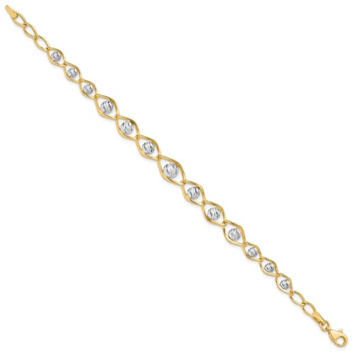 Diamond2Deal 14K Two-tone Gold Polished with Diamond-cut Beads Fancy Bracelet 7.5"