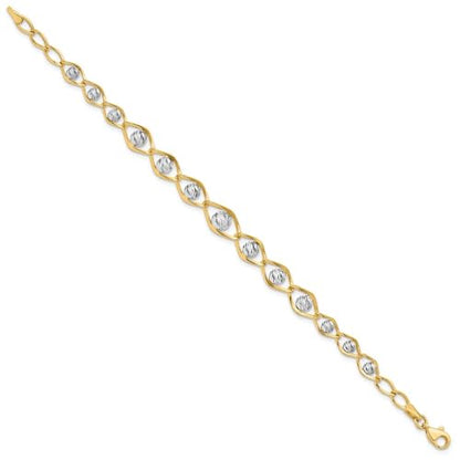 Diamond2Deal 14K Two-tone Gold Polished with Diamond-cut Beads Fancy Bracelet 7.5"