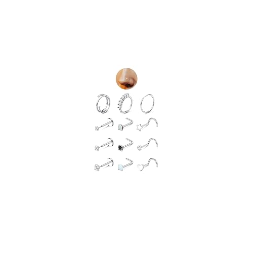 JeryWe Nose Rings for Women - 14K Gold Filled Hypoallergenic Surgical Steel Nose Ring Hoops CZ Lip Ring Screw L Shaped Studs Threadless Flat Back Stud Nose Piercings Jewelry for Women Men - style: Steel-AB CZ