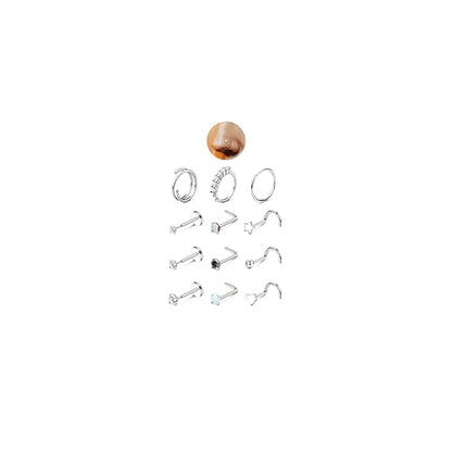 JeryWe Nose Rings for Women - 14K Gold Filled Hypoallergenic Surgical Steel Nose Ring Hoops CZ Lip Ring Screw L Shaped Studs Threadless Flat Back Stud Nose Piercings Jewelry for Women Men - style: Steel-AB CZ