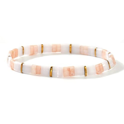 Boho 3Pcs Tila Flat Seed Beads Stack Bracelets Set for Women, Romantic Handmade Cute Gold Plated Paperclip Link Colorful Glass Ball Stretch Accessories Jewelry, Party Friendship Gift - color: Peach