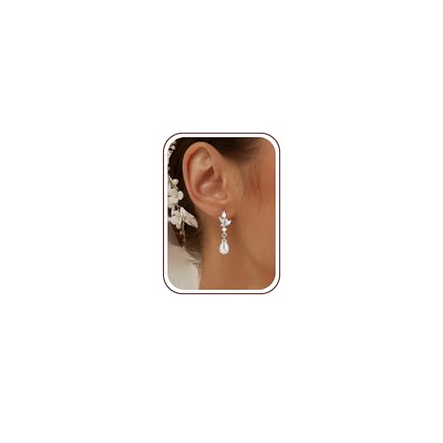 Pearl Earrings for Women, 14k Gold Plated Trendy Diamond Pearl Drop Earrings Hypoallergenic Dainty Bridal Gifts Wedding jewelry for Women - color: Silver-Pearl Style F