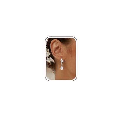Pearl Earrings for Women, 14k Gold Plated Trendy Diamond Pearl Drop Earrings Hypoallergenic Dainty Bridal Gifts Wedding jewelry for Women - color: Silver-Pearl Style F