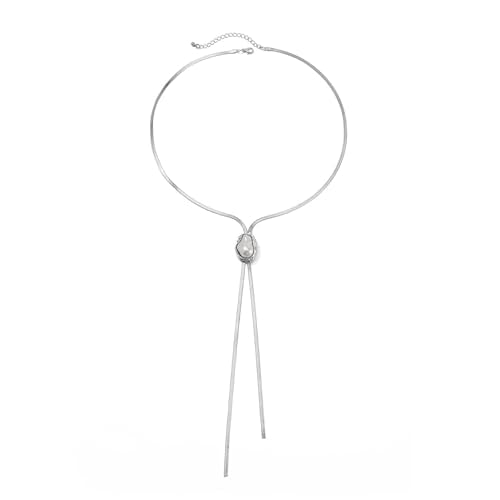 FUTIMELY Dainty Long Gold Necklace for Women,Thin Herringbone Chain Necklace,Long Lariat Necklace Body Jewelry - color: Pearl Silver