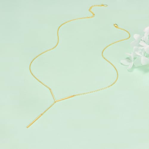 Hancock Sterling Silver Long Bar Necklace Y Shape Necklace for Women Gold Plated Drop Lariat Chain Necklace Minimalist Jewelry