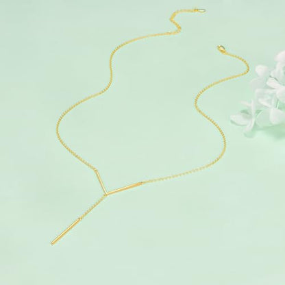 Hancock Sterling Silver Long Bar Necklace Y Shape Necklace for Women Gold Plated Drop Lariat Chain Necklace Minimalist Jewelry