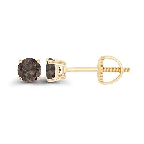 14K Gold Plated 925 Sterling Silver Hypoallergenic 4mm Round Genuine Birthstone Solitaire Screwback Stud Earrings - color: Smokey Quartz